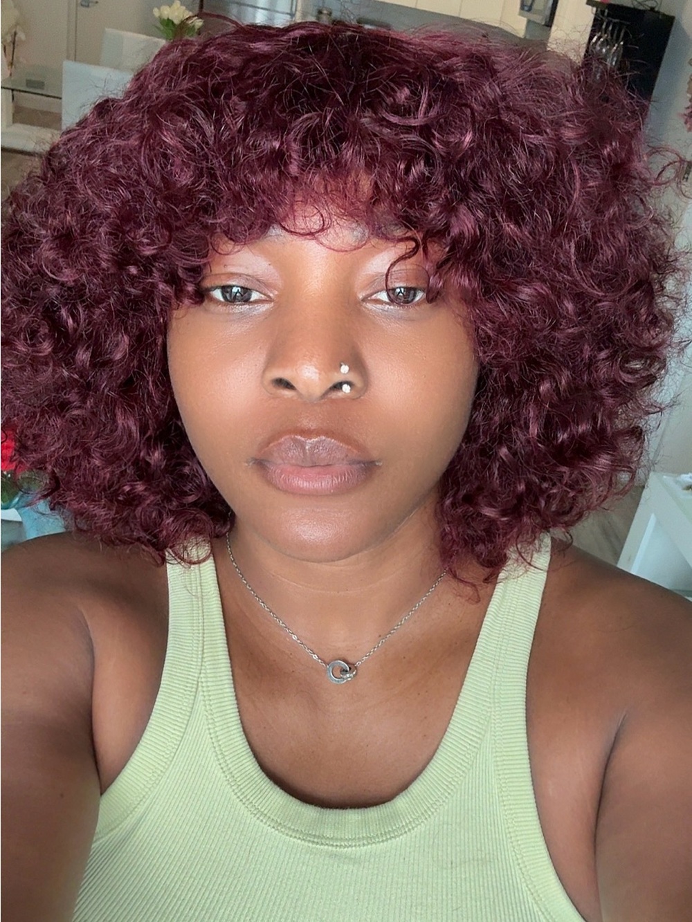 Curly Short Wig with Fringe in Deep Burgundy - Women Hair